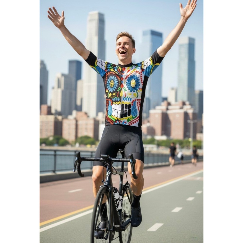 Weimostar Mens Sugar Skull‎ Cycling Jersey Multi Color Day of the Dead Full Zip